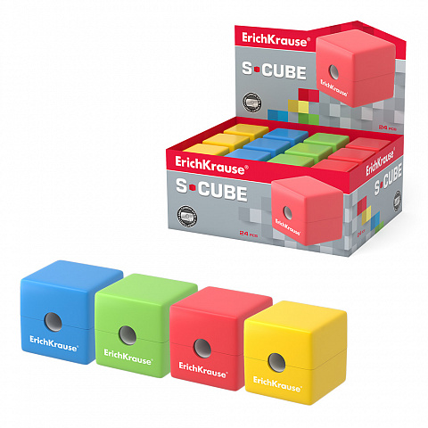 Точилка пластмассовая ErichKrause S-Cube одно отверстие c контейнером 50141