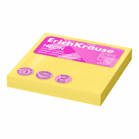 Блок для записей 75х75мм. ErichKrause Neon самоклеящийся, желтый 100 листов 61655