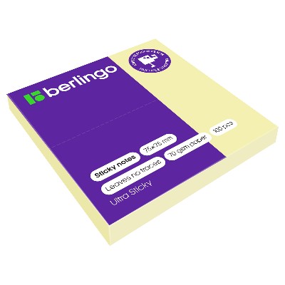 Бумага для заметок с клеевым краем 75*75мм. 100л. Berlingo Ultra Sticky пастель желтый 39100