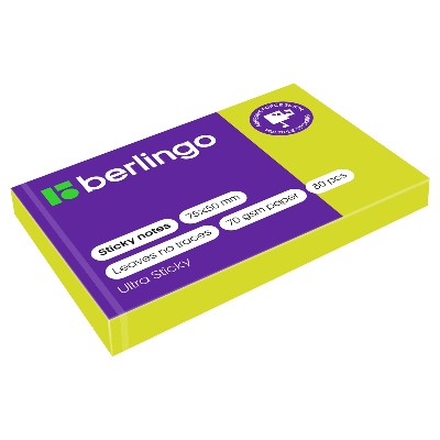 Бумага для заметок с клеевым краем 50*75мм. 80л. Berlingo Ultra Sticky зеленый неон 39411