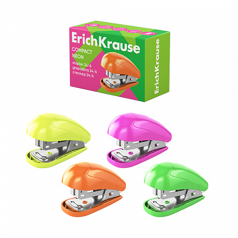 Степлер мини №24/6, 26/6 ErichKrause Compact Neon ассорти 61736