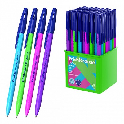Ручка шариковая ErichKrause R-301 Stick Neon синяя 1мм. (в стакане) 63069