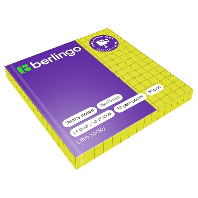 Бумага для заметок с клеевым краем 75*75мм. 100л. Berlingo Ultra Sticky зеленый в клетку 39701