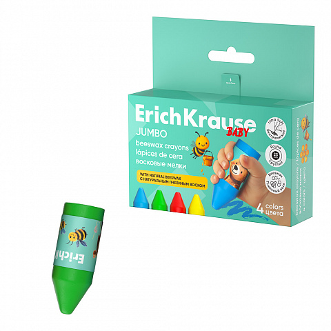 Мелки восковые 4цв. ErichKrause Baby Jumbo Bee Wax, утолщенные круглые 65454