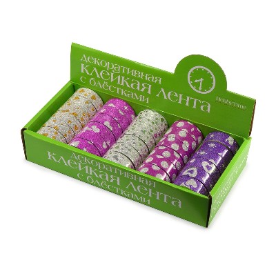 Скотч декоративный 15*5мм. с глиттером HobbyTime ассорти 2-438/02