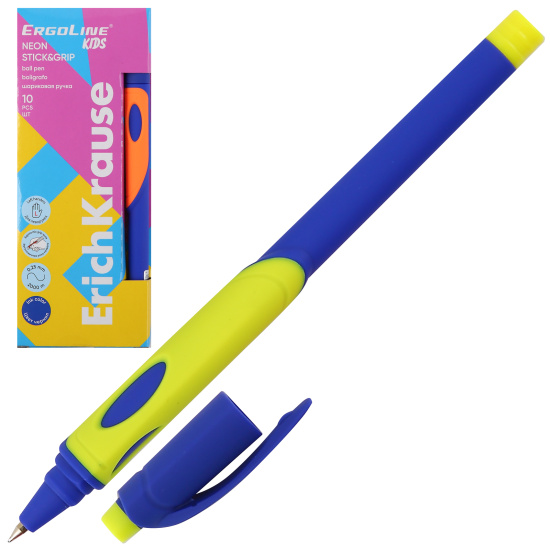 Ручка шариковая ErichKrause ErgoLine Kids Stick&Grip Neon для левшей 0.5мм. синяя 63116