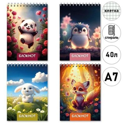 Блокнот А7 40л. на спирали, клетка Mazari Веселые зверята М-17315
