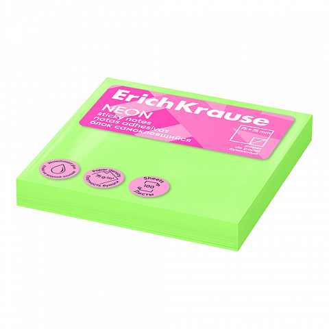 Блок для записей 75х75мм. ErichKrause Neon самоклеящийся, зеленый 100 листов 61659