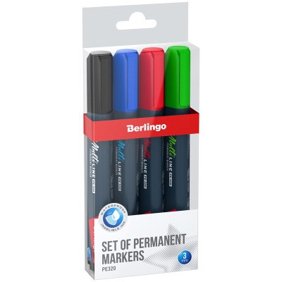 Набор маркеров перманентных Berlingo MultiLine PE320 круглые, 4 цвета, 3мм. трехгранный корпус 17409