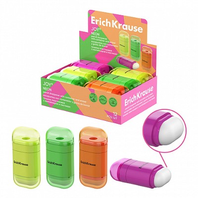 Точилка пластиковая ErichKrause Joy Neon одно отверстие, с контейнером и ластиком 60075