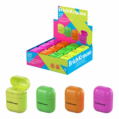 Точилка пластиковая ErichKrause Case, Neon одно отверстие, с контейнером 60040