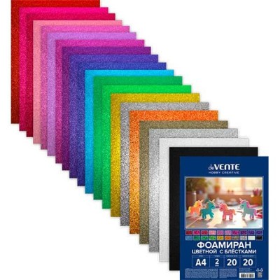 Фоамиран цветной deVente Hobby Creative А4 20л. 20цв. с блестками толщина 2мм. 8112420