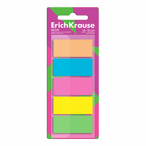 Пластиковые закладки с клеевым краем 45*20мм. 100л. 5 цветов ErichKrause Neon 63170
