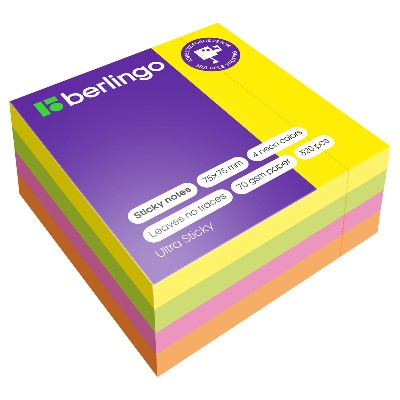 Бумага для заметок с клеевым краем 75*75мм. 320л. Berlingo Ultra Sticky 4 неоновых цвета 40002