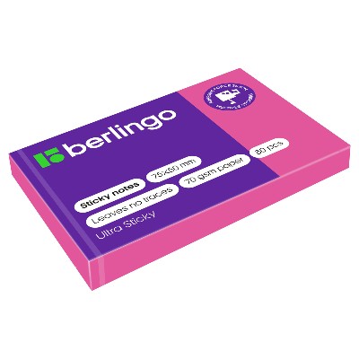 Бумага для заметок с клеевым краем 50*75мм. 80л. Berlingo Ultra Sticky розовый неон 39413