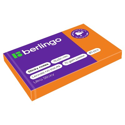 Бумага для заметок с клеевым краем 50*75мм. 80л. Berlingo Ultra Sticky оранжевый неон 39414