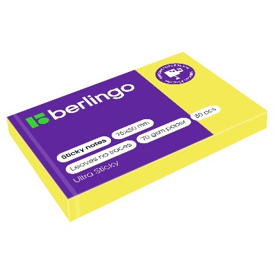 Бумага для заметок с клеевым краем 50*75мм. 80л. Berlingo Ultra Sticky желтый неон 39410