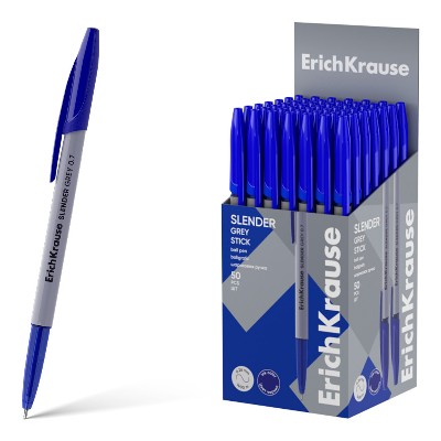 Ручка шариковая ErichKrause Slender Stick Grey Super Glide Technology синяя 0,7мм. 63083
