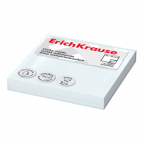 Блок для записей 75х75мм. ErichKrause самоклеящийся белый 100 листов 63629