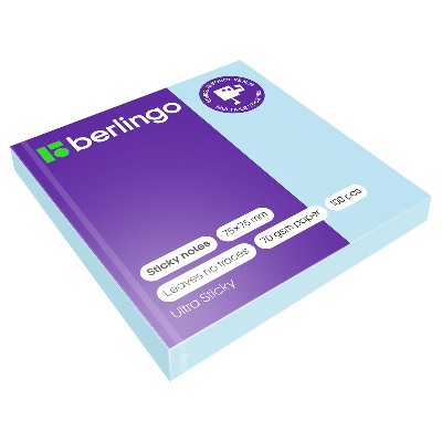 Бумага для заметок с клеевым краем 75*75мм. 100л. Berlingo Ultra Sticky пастель голубой 39205
