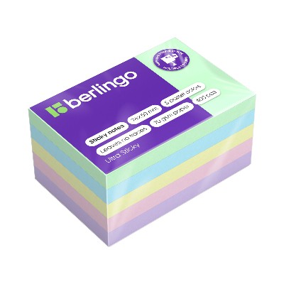 Бумага для заметок с клеевым краем 76*50мм. 400л. Berlingo Ultra Sticky 5 пастельных цветов 76504