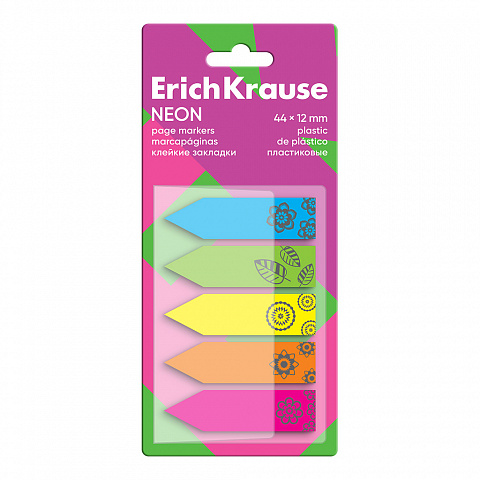 Пластиковые закладки с клеевым краем 44*12мм. 100л. 5 цветов ErichKrause Neon 63663 