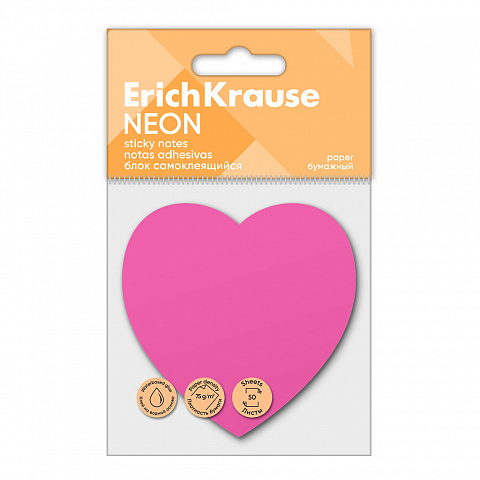 Блок для записей ErichKrause Heart Neon самоклеящийся розовый 50 листов 61725