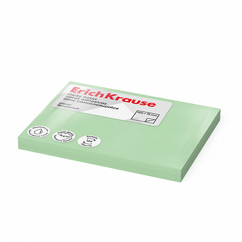 Блок для записей 100х75мм. ErichKrause самоклеящийся зеленый 100 листов 61717