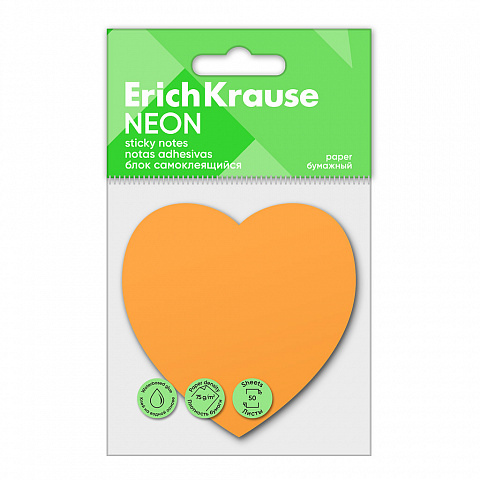 Блок для записей ErichKrause Heart Neon самоклеящийся оранжевый 50 листов 61727