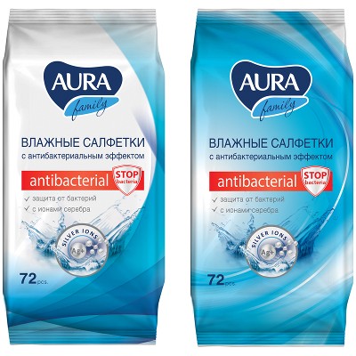 Влажные салфетки Aura Family 72 шт. антибактериальные. 