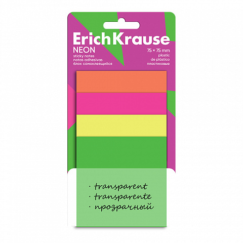 Блок самоклеящийся пластиковый 75*75мм. 40л. 4 цвета ErichKrause Neon 63672