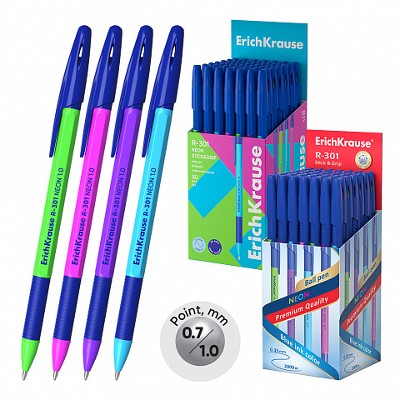 Ручка шариковая ErichKrause R-301 Stick&Grip Neon синяя 1мм. 42751