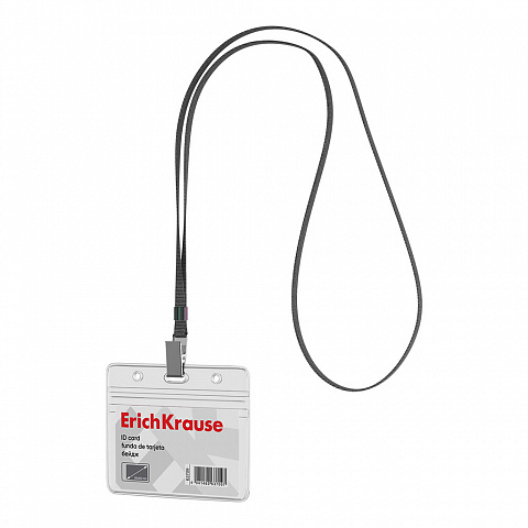 Бейдж горизонтальный ErichKrause 95х58мм. прозрачный пластиковый с лентой (черная) 63709